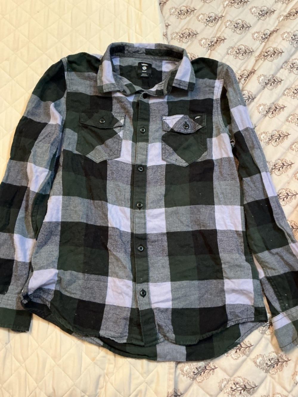 Vans Women's Purple and Black Plaid Button-Down Shirt